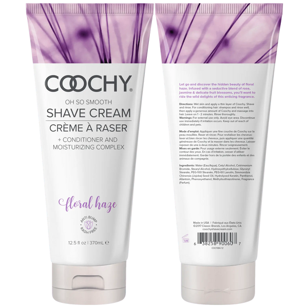 Front and back view of Coochy Floral Haze Shave Cream tube displaying full product labeling
