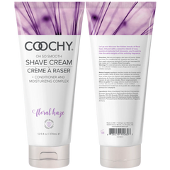 Front and back view of Coochy Floral Haze Shave Cream tube displaying full product labeling