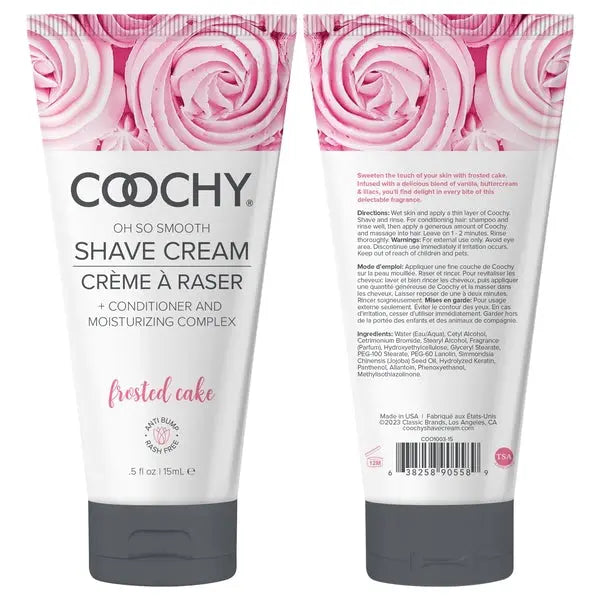 Front and back view of Coochy Frosted Cake Shave Cream 15ml tube with conditioning complex