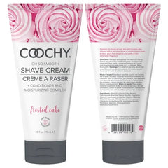 Front and back view of Coochy Frosted Cake Shave Cream 15ml tube with conditioning complex