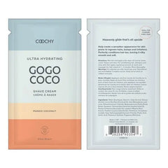 Front and back view of Coochy Gogo Coco single-use shave cream packet, ideal for coarse hair