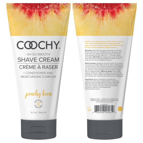 Front and back of Coochy Peachy Keen Shave Cream tube displaying full label detail, 15mL