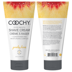 Front and back of Coochy Peachy Keen Shave Cream tube displaying full label detail, 15mL