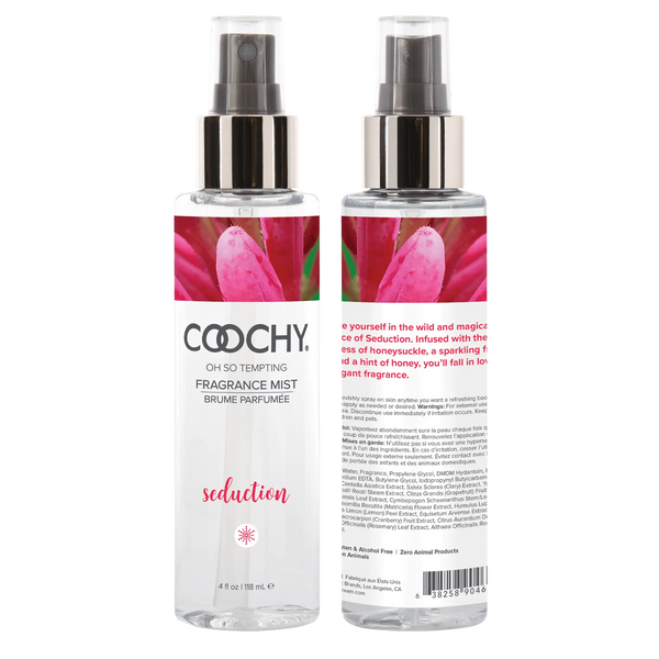 Front and back view of Coochy Seduction Fragrance Mist 4 oz bottle, alcohol-free formula