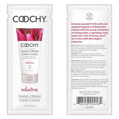 Front and back of Coochy Seduction shave cream foil packet displayed side by side for size reference