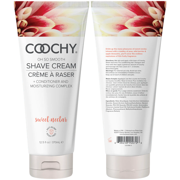 Front and back of Coochy Sweet Nectar Shave Cream 370mL tube displayed side by side