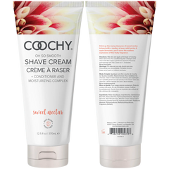 Front and back of Coochy Sweet Nectar Shave Cream 370mL tube displayed side by side