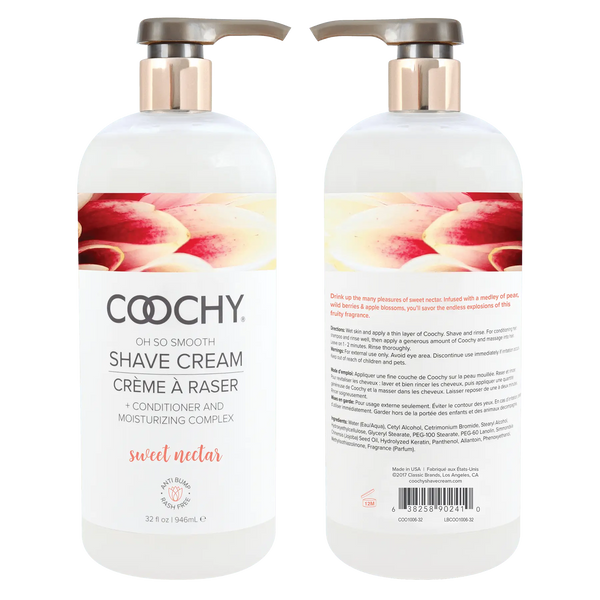 Front and back view of Coochy Sweet Nectar Shave Cream 946mL pump bottle side by side