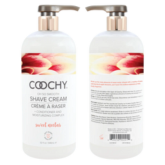 Front and back view of Coochy Sweet Nectar Shave Cream 946mL pump bottle side by side