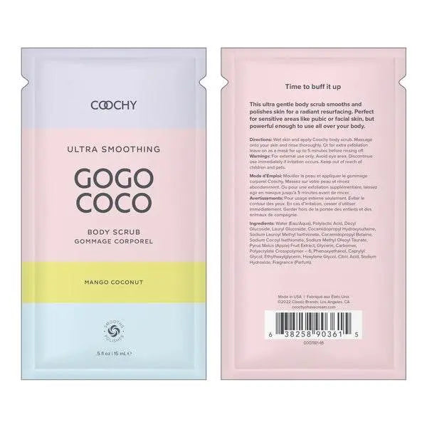 Front and back view of Coochy Ultra GoGo Coco mango coconut body scrub single-use foil packet, 0.5 oz
