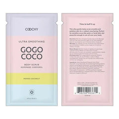Front and back view of Coochy Ultra GoGo Coco mango coconut body scrub single-use foil packet, 0.5 oz