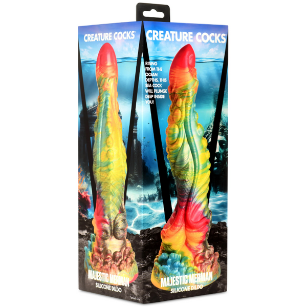 Front and back of Creature Cocks Majestic Merman Silicone Dildo retail packaging box