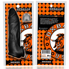 Front and back of Dicker extender packaging displayed side by side, highlighting suede-finish silicone