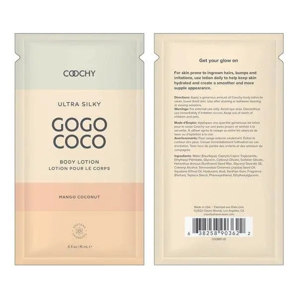 Front and back view of GoGo Coco Ultra Silky Body Lotion foil packet displaying both sides together