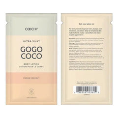 Front and back view of GoGo Coco Ultra Silky Body Lotion foil packet displaying both sides together