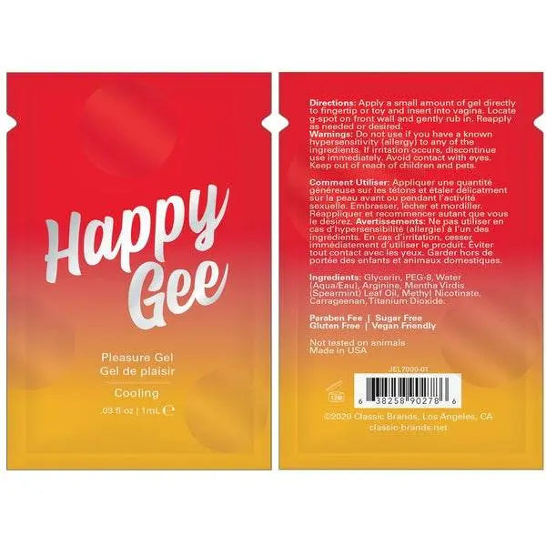 Front and back view of Happy Gee Cooling Pleasure Gel 1mL foil packet side by side