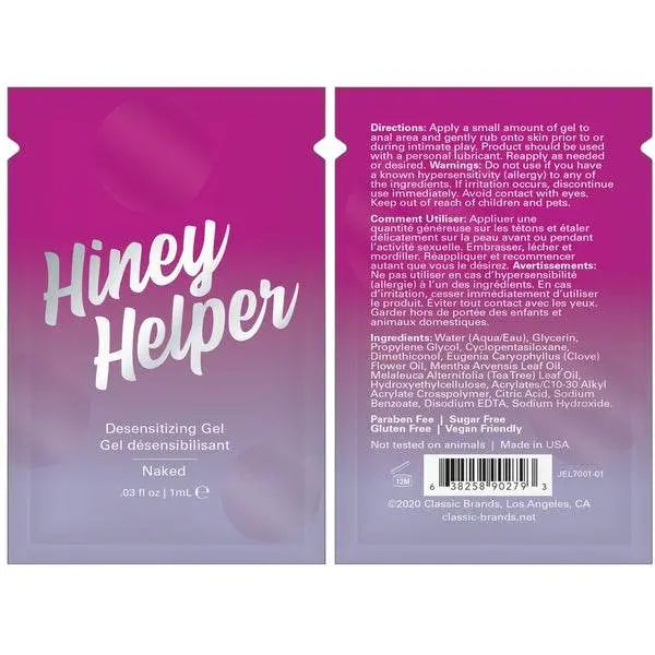 Front and back view of Hiney Helper Desensitizing Gel 1mL foil packet displaying full product details