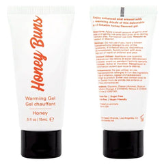 Front and back view of Honey Buns gel tube revealing usage directions and honey-scented formula