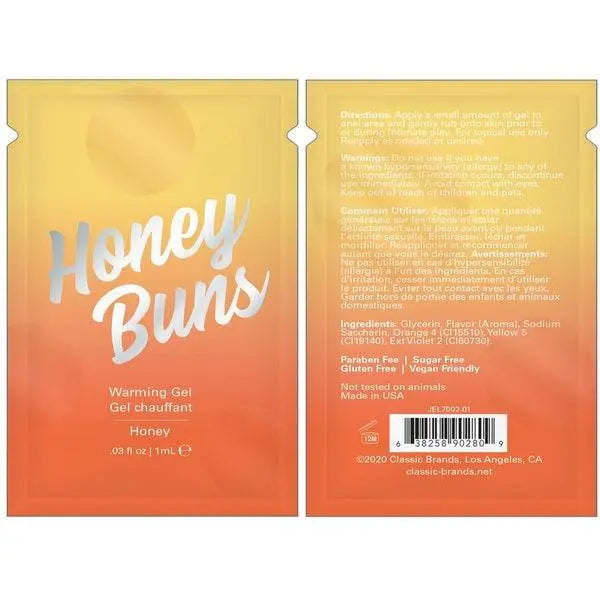 Front and back view of Honey Buns Warming Arousal Gel 1mL foil packet displaying full product details