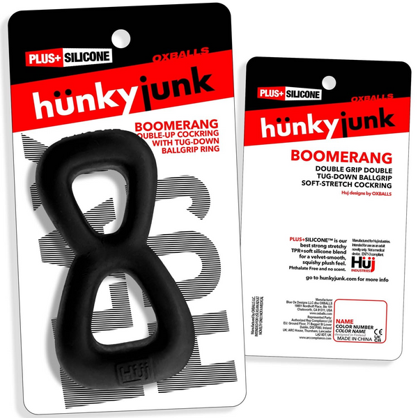 Front and back of Hunkyjunk Boomerang packaging displaying full product description and materials