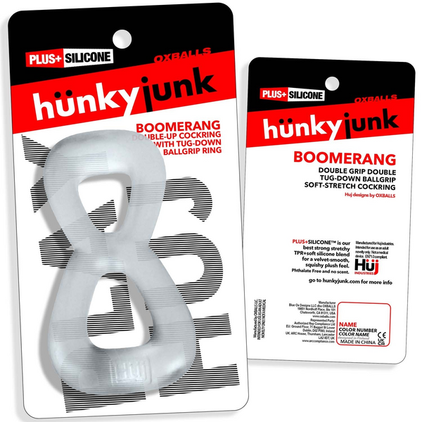 Front and back of Hunkyjunk Boomerang retail packaging displaying product description and brand info