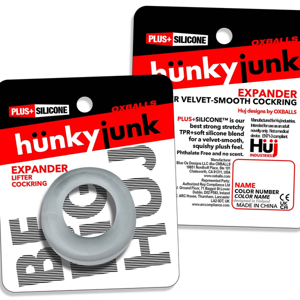 Front and back of Hunkyjunk Expander cockring packaging with product details visible