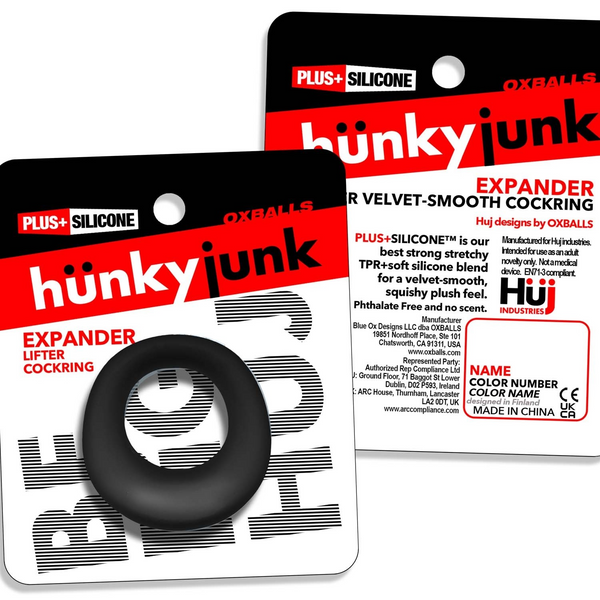 Front and back of Hunkyjunk Expander retail packaging showing product details and materials