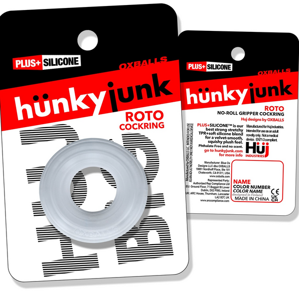 Front and back of Hunkyjunk ROTO retail card packaging showing product details and Plus Silicone formula