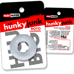 Front and back of Hunkyjunk ROTO retail card packaging showing product details and Plus Silicone formula