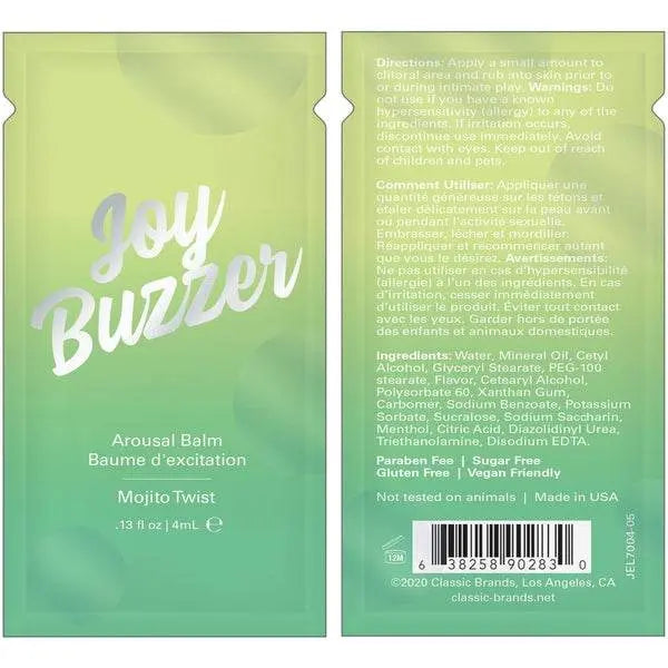 Front and back view of Joy Buzzer Mojito Twist Arousal Balm 4mL foil packet side by side