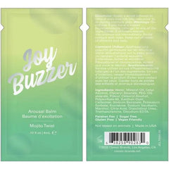 Front and back view of Joy Buzzer Mojito Twist Arousal Balm 4mL foil packet side by side