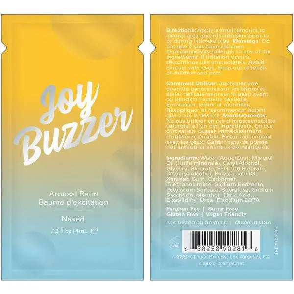 Front and back of Joy Buzzer Naked Arousal Balm foil packet displayed side by side, 0.13 fl oz