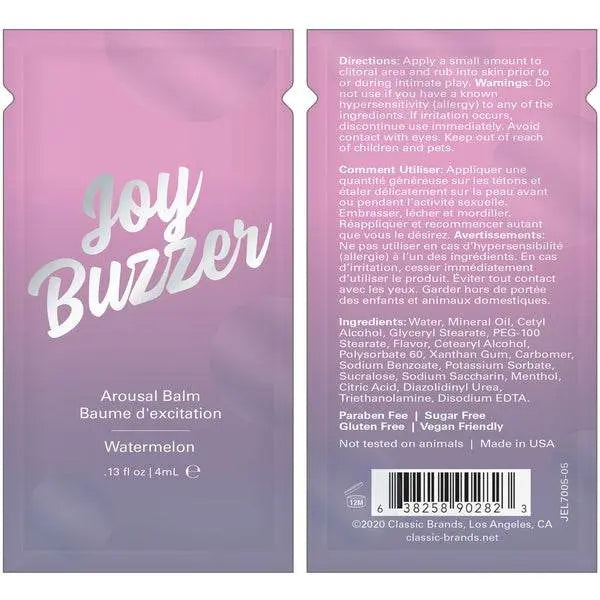 Front and back view of Joy Buzzer watermelon arousal balm foil packet side by side