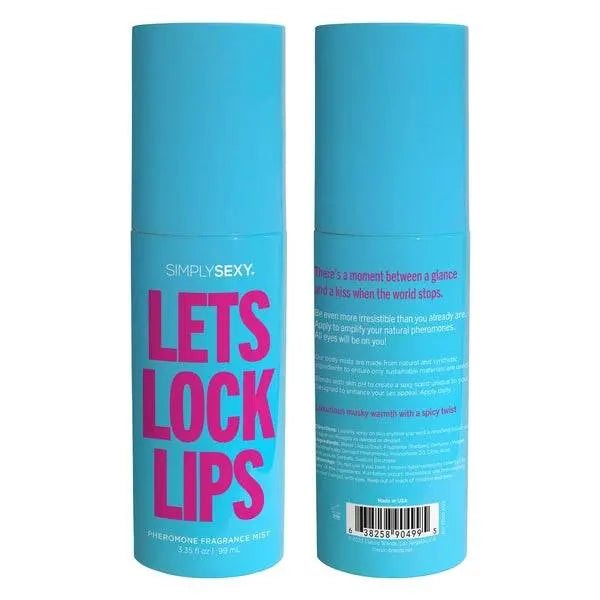 Front and back view of Let's Lock Lips pheromone body mist showing full teal cylindrical packaging