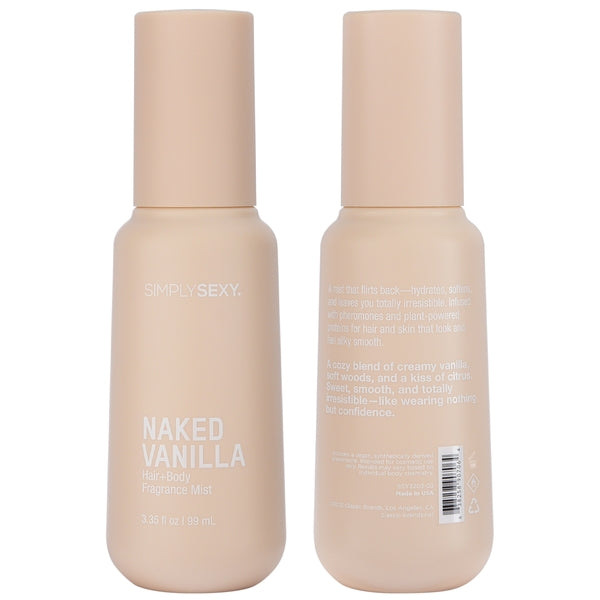Front and back view of Naked Vanilla Hair and Body Mist showing full label text, 3.35 fl oz