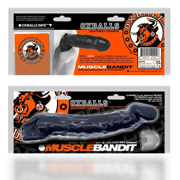 Front and back packaging views of Oxballs Muscle Bandit slim snugger sheath with product details