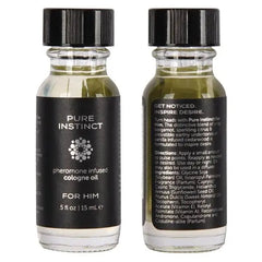 Front and back view of Pure Instinct For Him cologne oil bottles side by side, 15 mL glass bottle