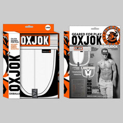 Front and back retail packaging for OXJOK Slingjock, detailing included rubber bulge-ring