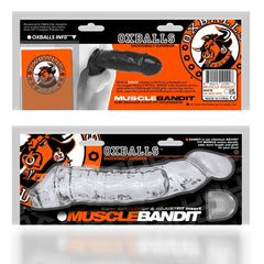 Front and back retail packaging views of Oxballs Muscle Bandit slim snugger sheath