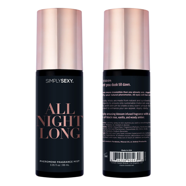 Front and back view of Simply Sexy All Night Long body mist showing full packaging, 3.35 fl oz