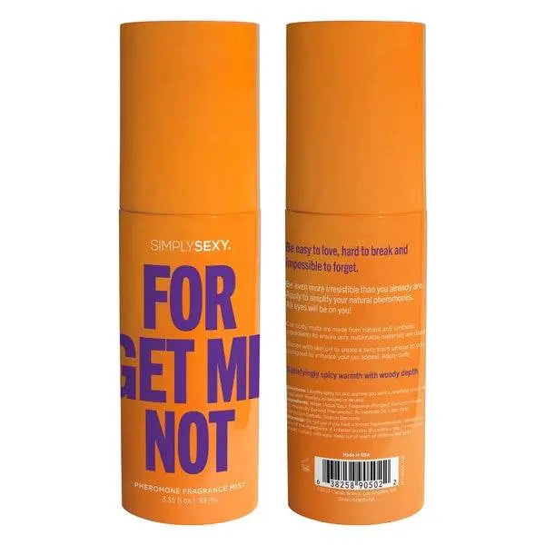 Front and back view of Simply Sexy Forget Me Not pheromone mist showing full orange packaging design