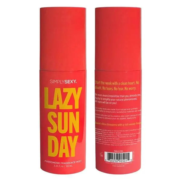 Front and back view of Simply Sexy Lazy Sunday pheromone mist, 3.35 fl oz red bottles side by side