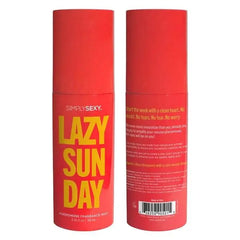 Front and back view of Simply Sexy Lazy Sunday pheromone mist, 3.35 fl oz red bottles side by side