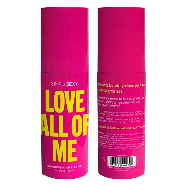 Front and back view of Simply Sexy Love All of Me pheromone mist showing full bottle design