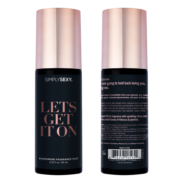 Front and back view of Simply Sexy Pheromone Fragrance Mist displaying full packaging design