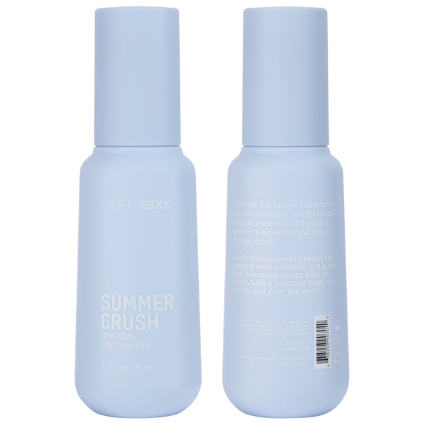 Front and back view of Simply Sexy Summer Crush Hair Body Mist showing full bottle design