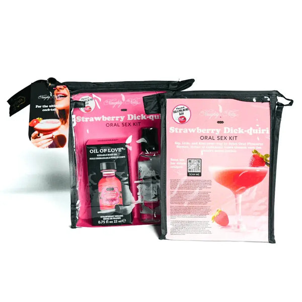 Front and back view of the Strawberry Dick-quiri Kit showing product details and strawberry daiquiri design