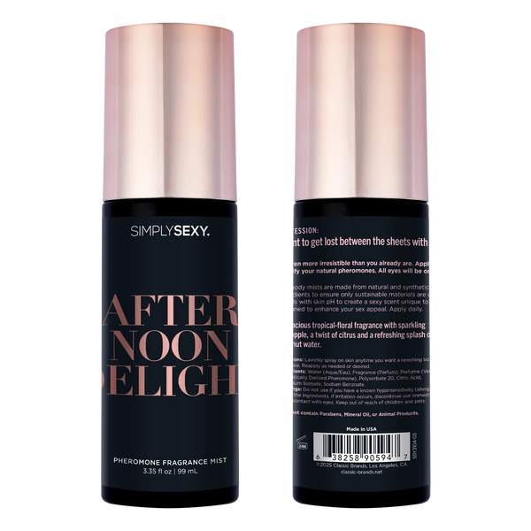 Front and back views of Afternoon Delight pheromone mist side by side, showing full label and product details