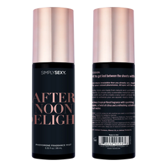 Front and back views of Afternoon Delight pheromone mist side by side, showing full label and product details