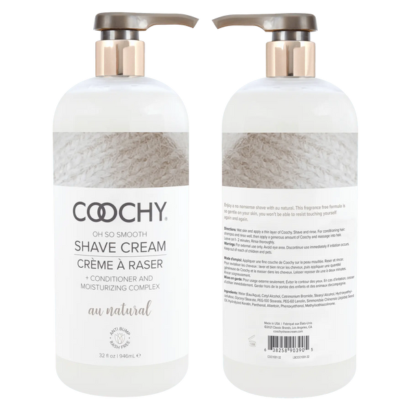 Front and back views of Coochy Au Natural Shave Cream 32oz displaying full product labeling